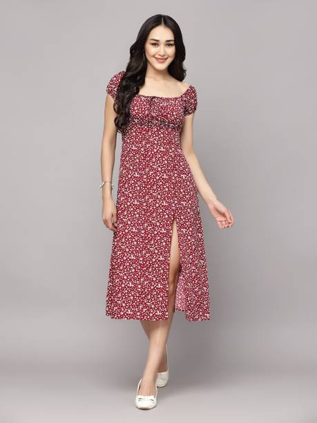 Women A-line Maroon, White Dress