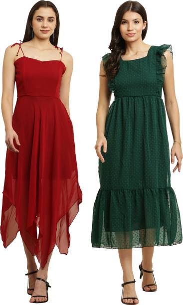 Women High Low Maroon, Dark Green Midi/Calf Length Dress