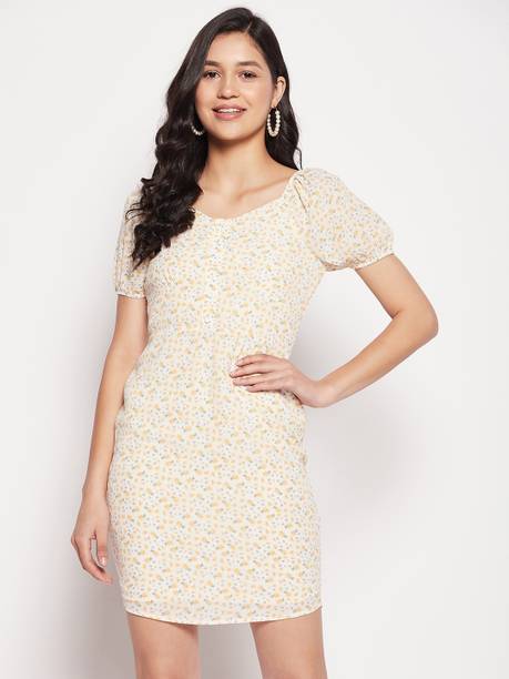 Women Fit and Flare Beige, Yellow, Grey Above Knee/Mid Thigh Length Dress