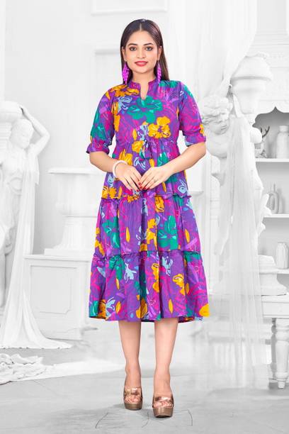 Women A-line Multicolor Knee Length Dress