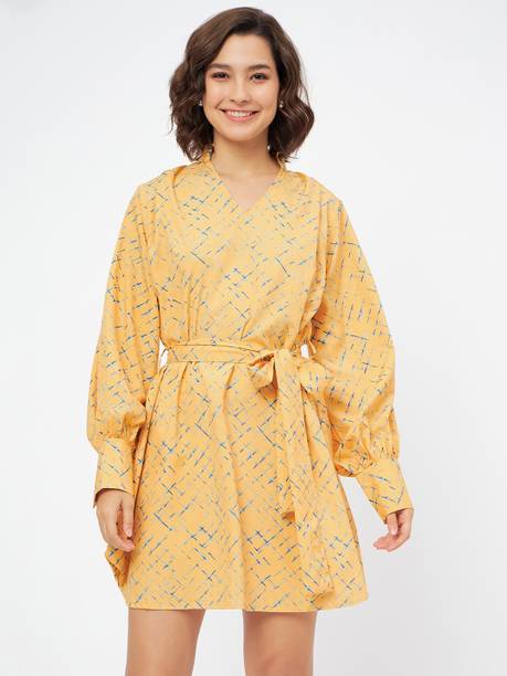 Women A-line Yellow, Blue Dress