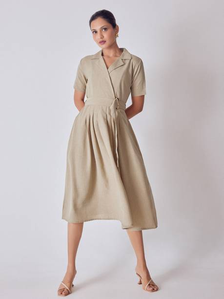 Women Fit and Flare Beige Midi/Calf Length Dress