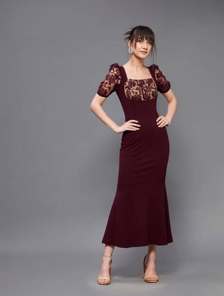 Women A-line Maroon Ankle Length Dress