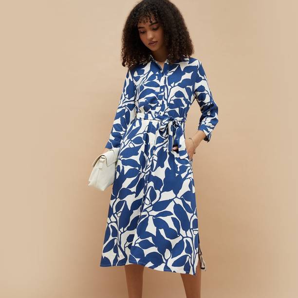 Women Shirt Blue, White Knee Length Dress