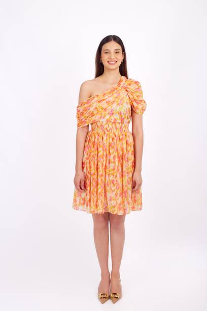 Women Fit and Flare Yellow, Orange Dress