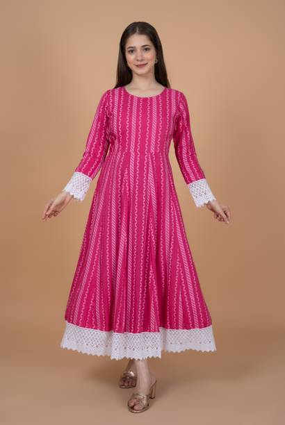 Women Fit and Flare Pink, White Dress
