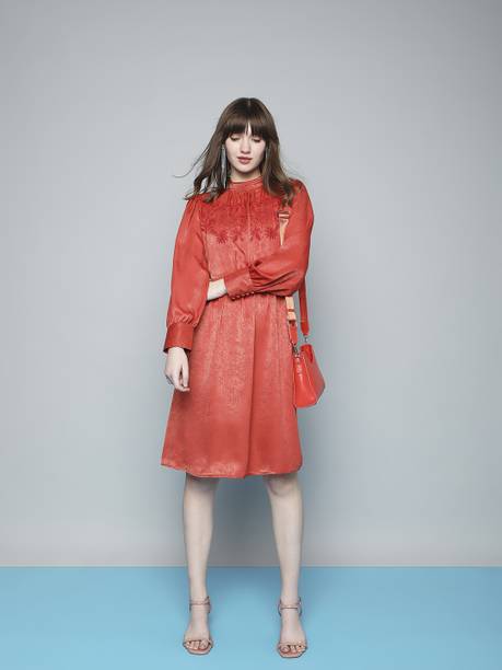 Women A-line Orange Knee Length Dress