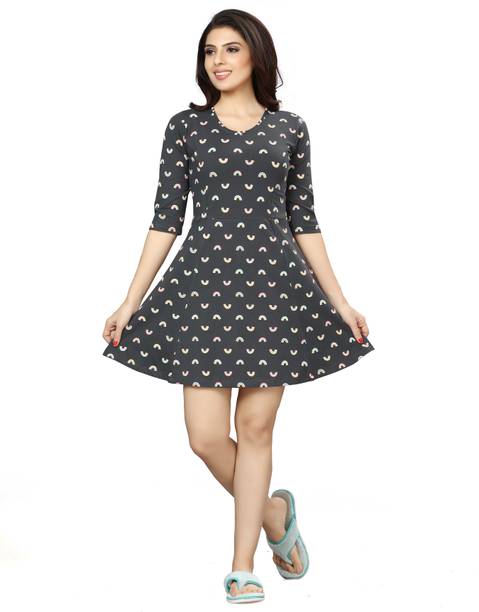 Women Fit and Flare Grey Above Knee/Mid Thigh Length Dress