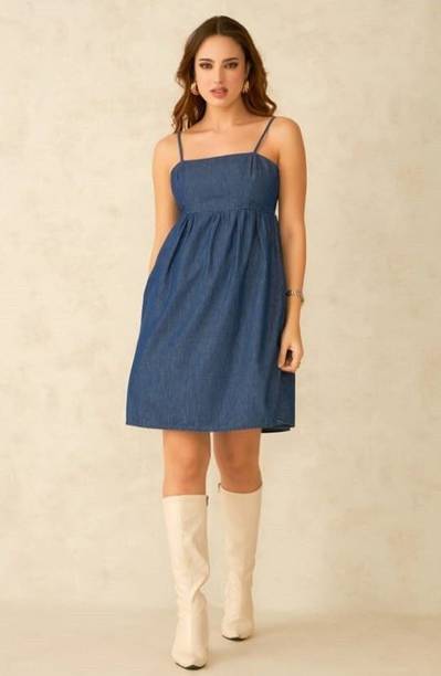 Women A-line Blue Above Knee/Mid Thigh Length Dress