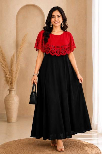 Women Gown Red, Black Maxi/Full Length Dress