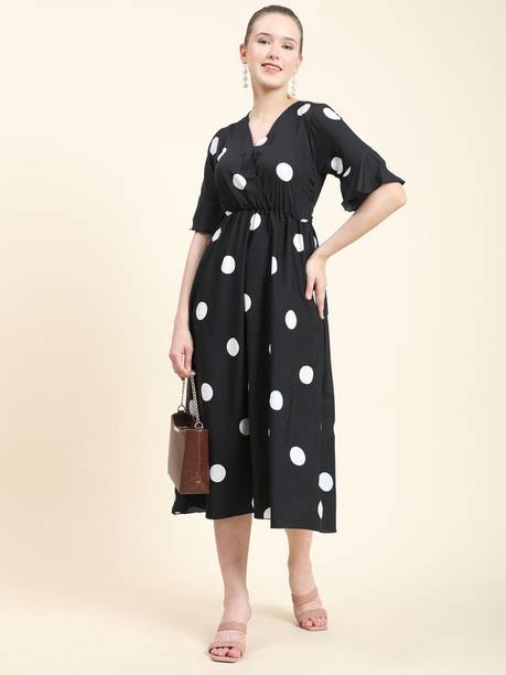 Women Fit and Flare Black, White Midi/Calf Length Dress