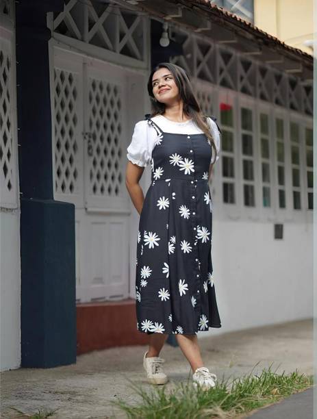 Women Two Piece Dress Grey, White Midi/Calf Length Dress