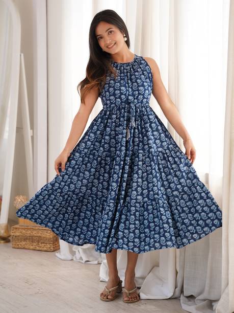 Women Tiered Blue Ankle Length Dress