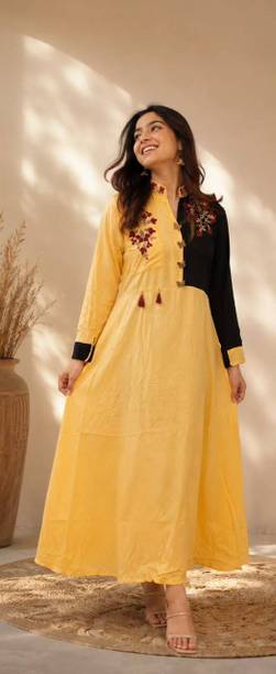 Women A-line Yellow, Black Maxi/Full Length Dress