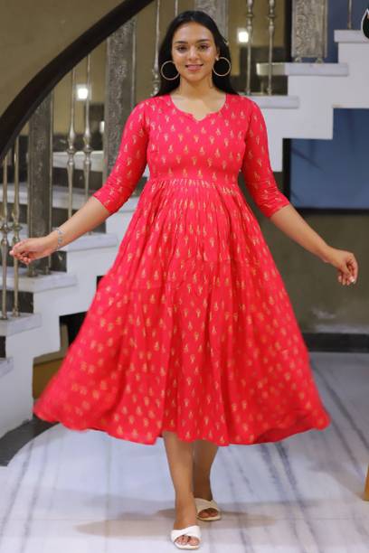 Women Ethnic Dress Red, Gold Dress