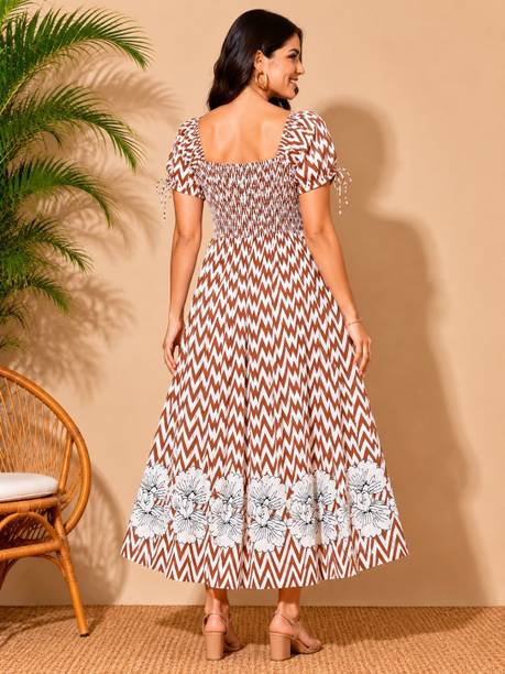 Women A-line Brown, White Midi/Calf Length Dress