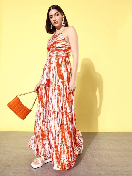 Women Sheath Orange, White Maxi/Full Length Dress
