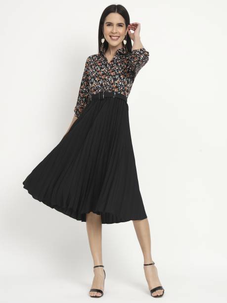 Women Fit and Flare Black, White, Orange Dress Price in India