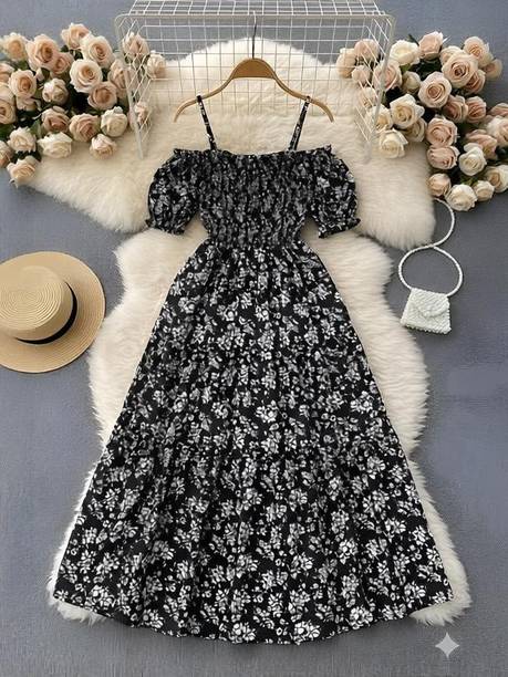 Women Tiered Black Knee Length Dress