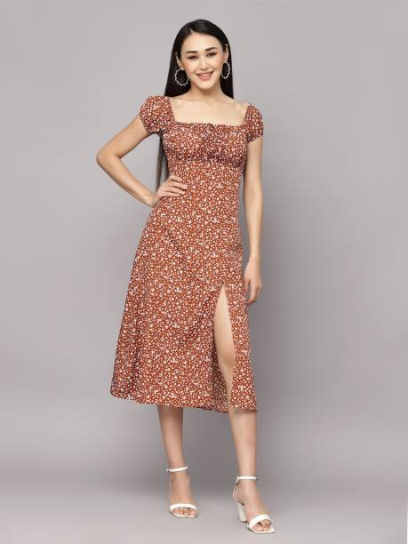 Women A-line Beige, Brown Dress Price in India