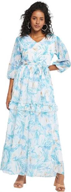 Women Fit and Flare White, Light Blue Maxi/Full Length Dress