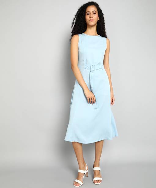 Women A-line Light Blue Midi/Calf Length Dress