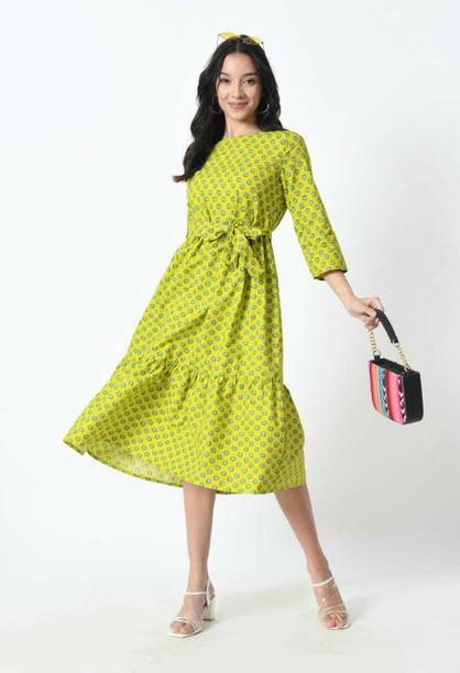 THREADLY Women Fit and Flare Multicolor Midi/Calf Length Dress