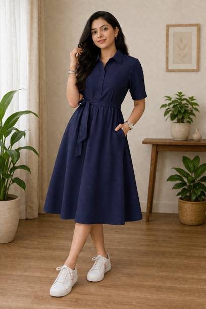 Women Tiered Dark Blue Below Knee Dress