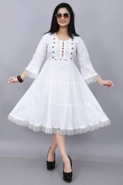 Women Tiered White Knee Length Dress