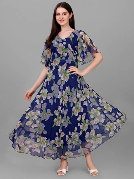 Women Fit and Flare Dark Blue, Green, Pink Dress