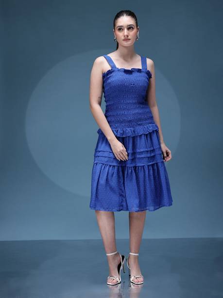 Women Drop Waist Blue Knee Length Dress