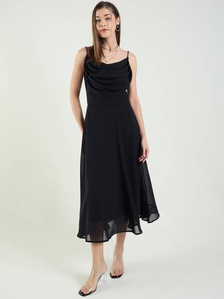 METRONAUT Women Fit and Flare Black Midi/Calf Length Dress