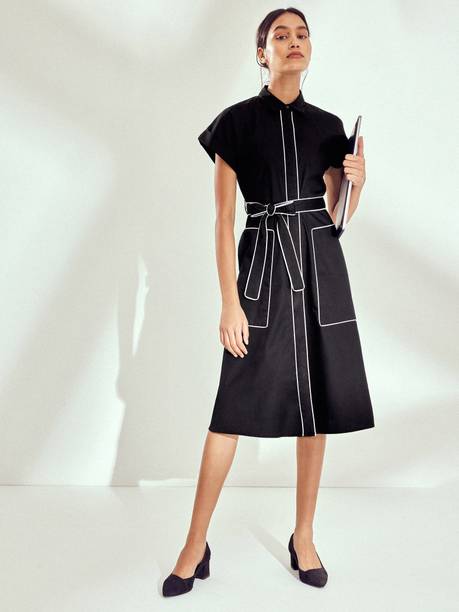 Women Shirt Black Below Knee Dress