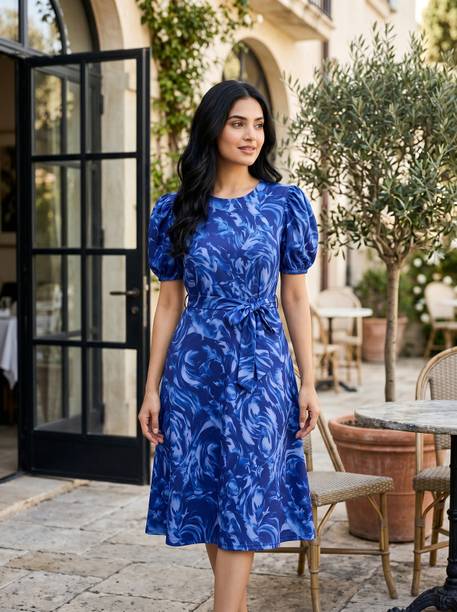 Women Fit and Flare Blue Below Knee Dress