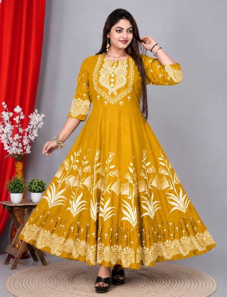 Women Ethnic Dress Yellow Ankle Length Dress