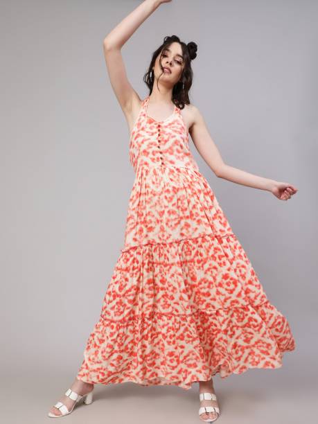Women Fit and Flare Orange Dress Price in India
