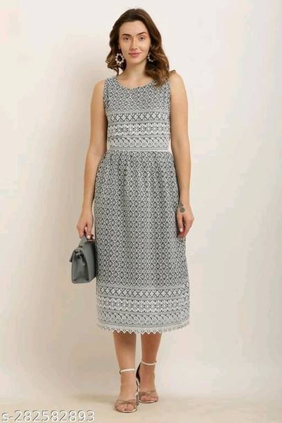 Women Fit and Flare Grey, White Dress