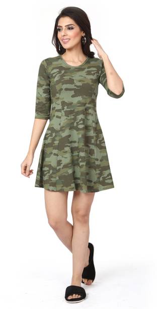 Women Fit and Flare Green Above Knee/Mid Thigh Length Dress