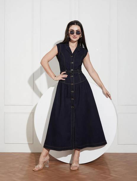 Women Drop Waist Blue Maxi/Full Length Dress
