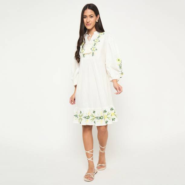 Women Fit and Flare White Mini/Short Dress