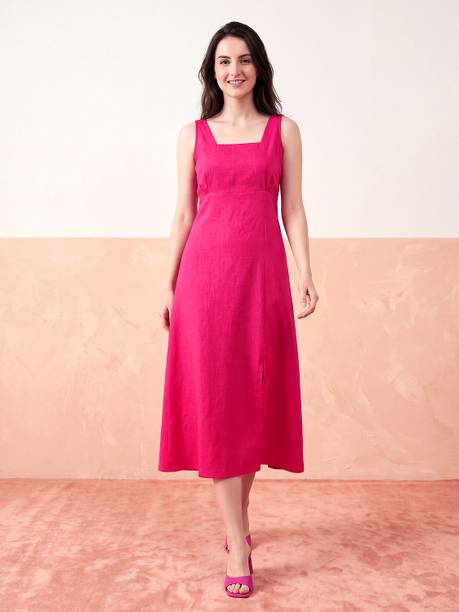 PURVAJA Women Fit and Flare Pink Midi/Calf Length Dress