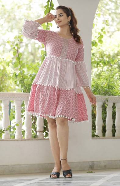 Women Fit and Flare Pink, White Dress Price in India