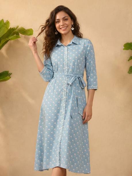 Women Shirt Light Blue Midi/Calf Length Dress
