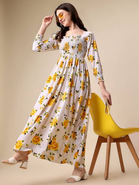 Women Fit and Flare Yellow, White, Green Dress