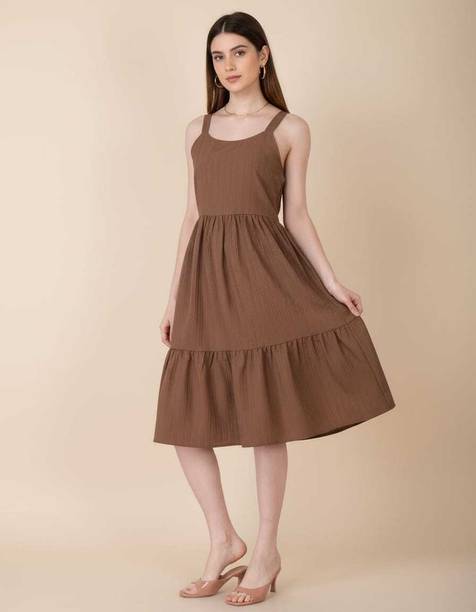 Women Tiered Brown Knee Length Dress