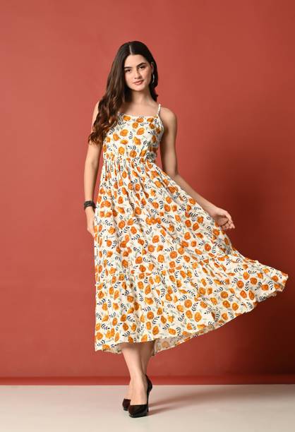 Janki Creation Women Gathered Beige Maxi/Full Length Dress