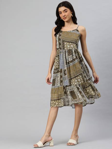 Women Fit and Flare Brown, Beige Midi/Calf Length Dress