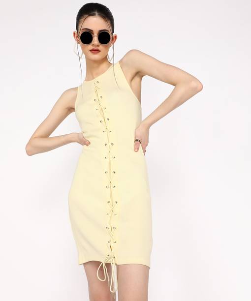 Women Sheath Yellow Above Knee/Mid Thigh Length Dress