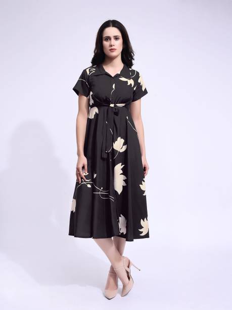 PURVAJA Women Fit and Flare Brown Below Knee Dress