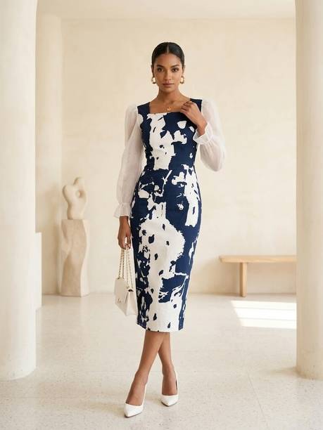 Women A-line White, Dark Blue Maxi/Full Length Dress